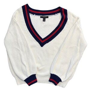 Forever 21 Cream V-Neck Knit Sweater Red Blue Stripe Preppy Cropped Size M